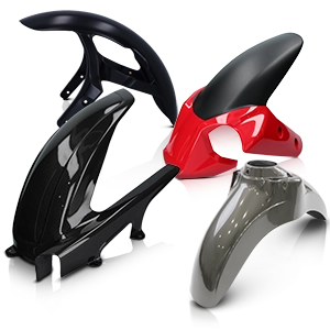 Motorrad-Schutzbleche für Vorder- und Hinterrad in verschiedenen Farben und Designs.